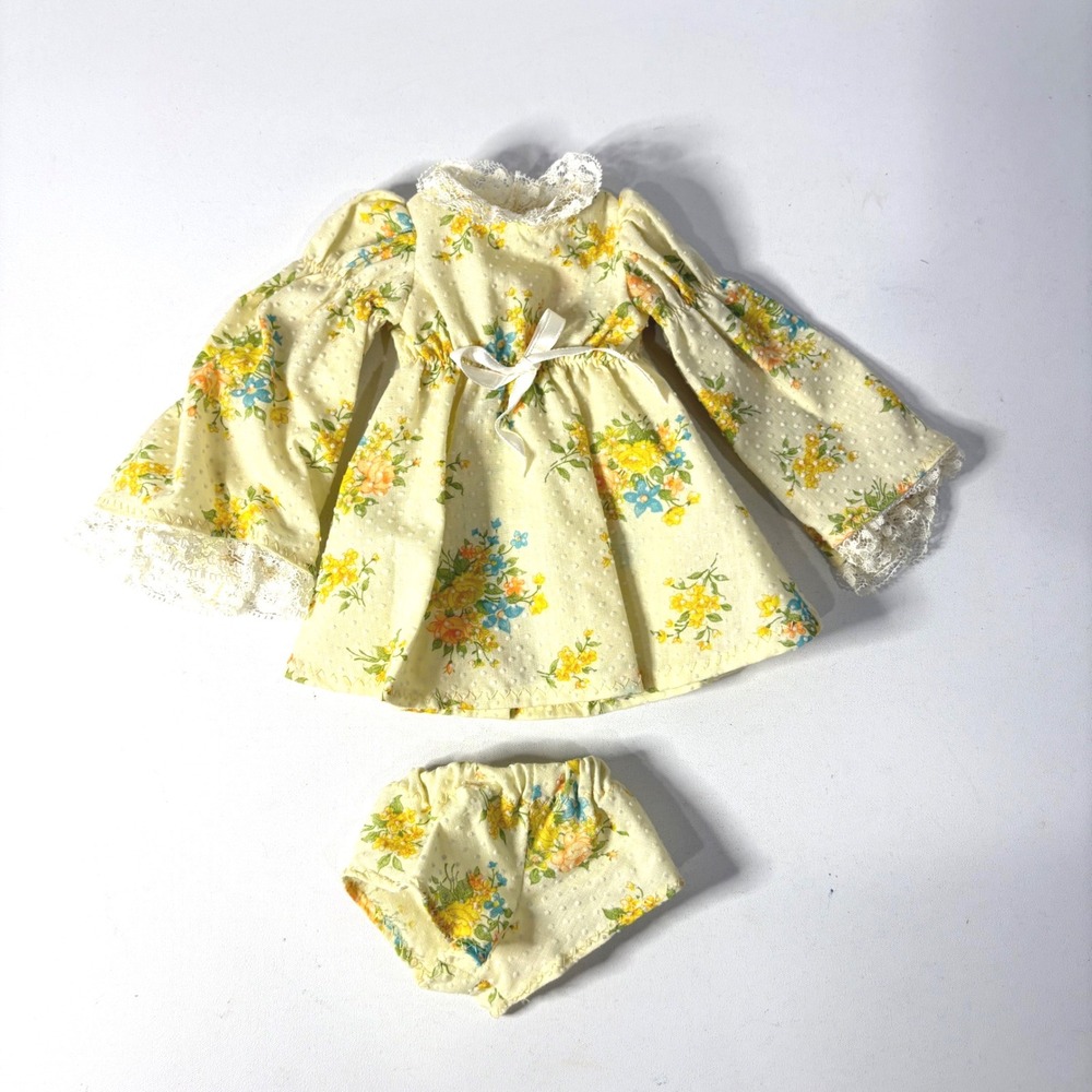 Handmade 14 in Doll Clothes Yellow Floral Swiss Dot Dress and Bloomers Set